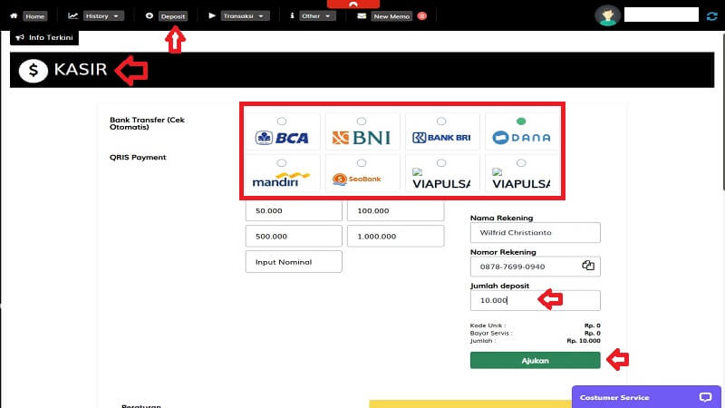 tampilan menu kasir di situs Arizona88