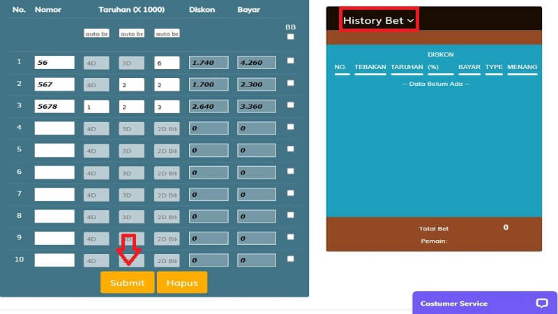 tekan tombol Submit dan taruhan Anda akan terlihat di menu history bet